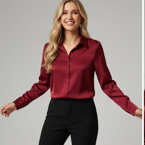 Satin Button Front Long Sleeve Blouse Burgundy - Picture 2 of 8